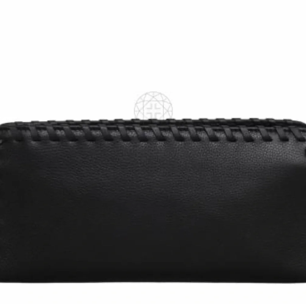 Tory Burch Black Leather Zip-Around Wallet with Whipstitch Detail
